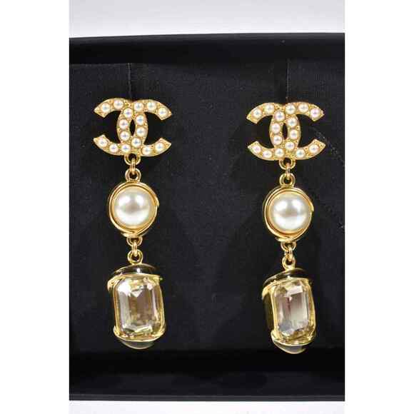 Chanel 22A Gold Pearl White Crystal XL Logo Large Dangle Drop Statement Earrings - Picture 5 of 12